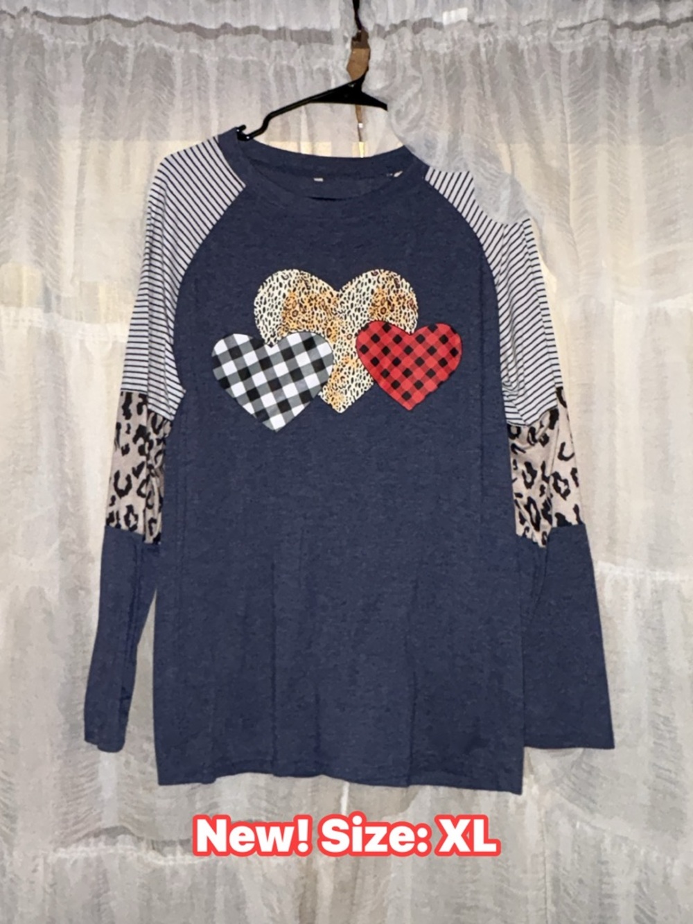 New! Women’s Navy Heart Patchwork Long Sleeve Top